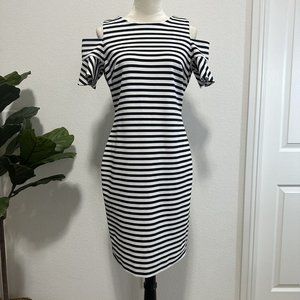Calvin Klein Women's Stripe Cold Shoulder Sheath Dress Size 10 Black White EUC